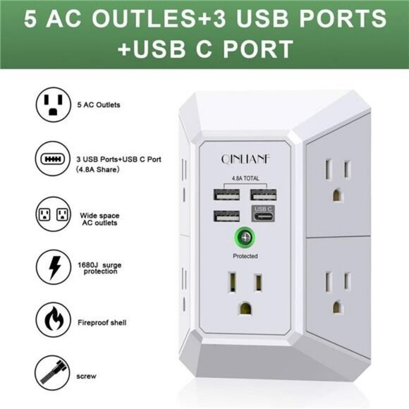 Wall Charger Surge Protector 5 Outlet Extender with 4 USB Charging Ports 3-Sided - Picture 2 of 7
